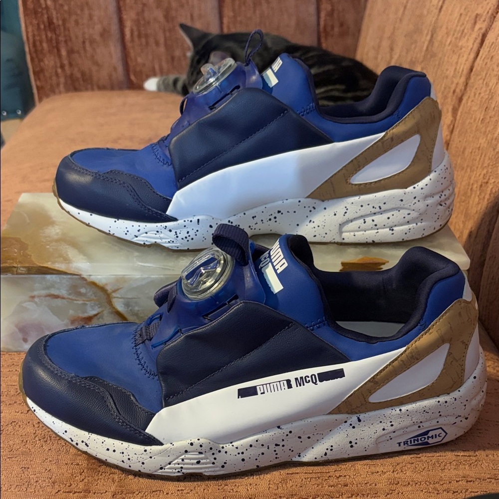Puma x McQueen Disc Blaze sneakers in a blue and white